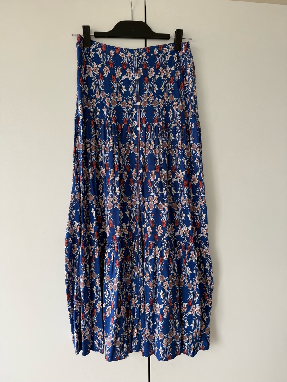 Max Studio Blue Floral Tiered Maxi Skirt Button Front Size S